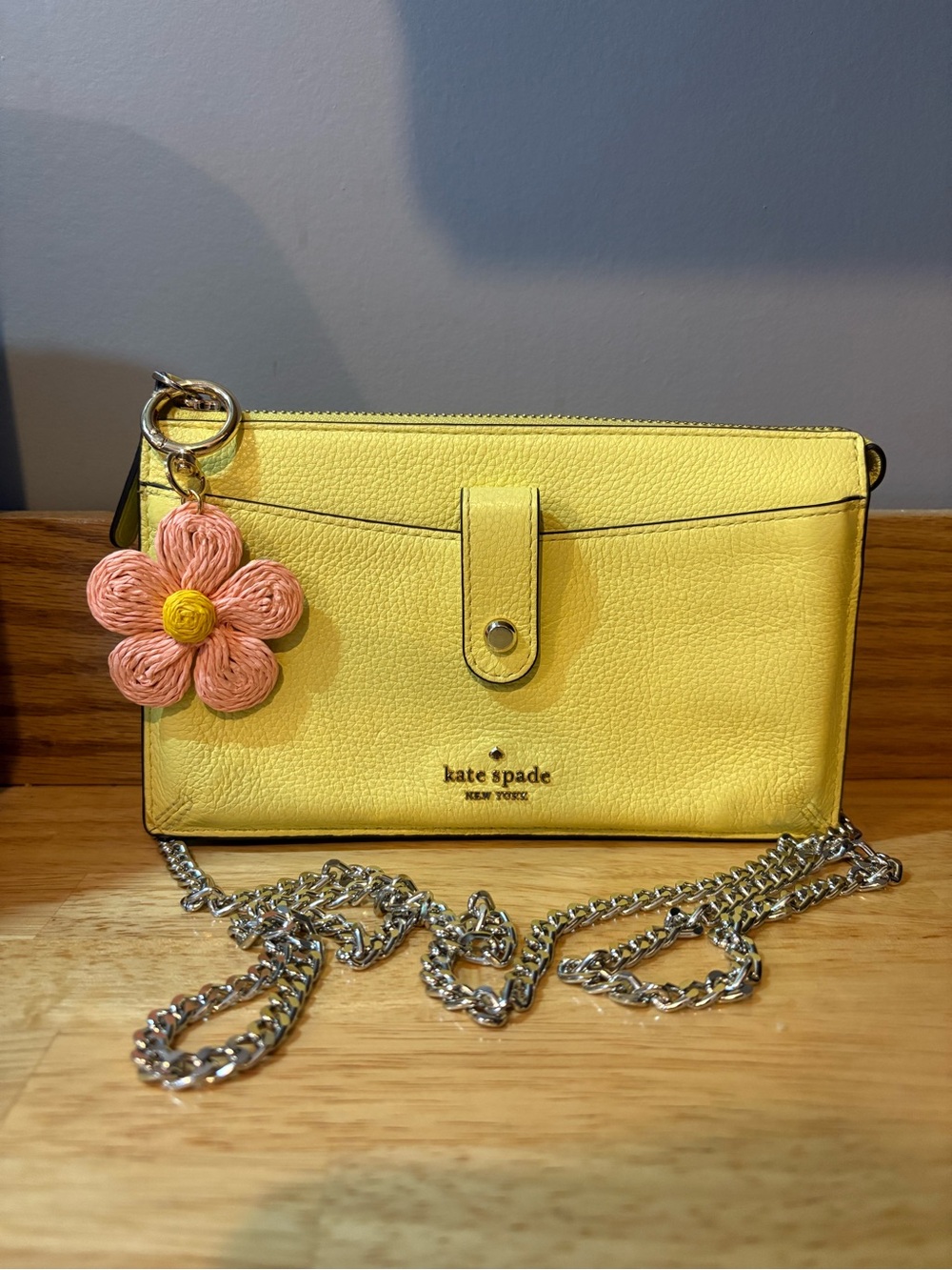 kate spade Yellow Pebbled Leather Crossbody Wallet with Silver Chain